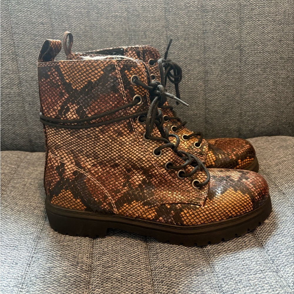 Brown Snake Print Combat Boots